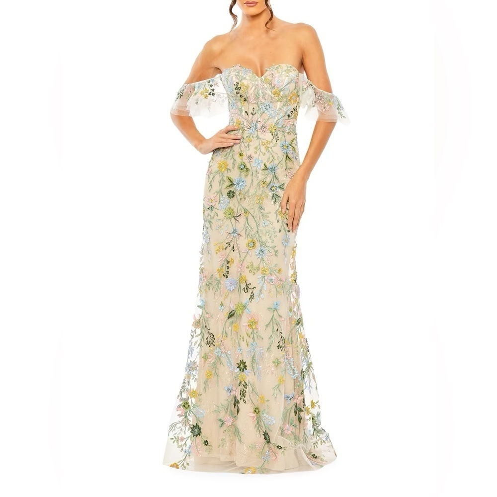 Mac Duggal Floral Beaded Embroidered Off-The-Shoulder Gown Size 12 Prom